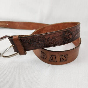 "DAN" Made In USA Bass Fishing Themed Brown Leather Belt.